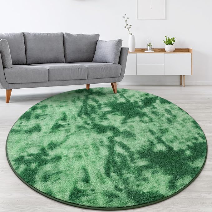 Lascpt Round Rug for Bedroom 7x7, Tie-Dyed Green Circle Rug for Living Room Super Soft Thicken Memory Foam Circular Rug, Indoor Area Rug for Modern Home Decor, Round Carpet for Nursery Kid's Room