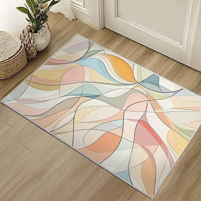 2x3 Entryway Rugs Machine Washable Area Rug Blue Yellow Pink White Modern Abstract Colorful Rug Non-Slip Low Pile Door Mat Entrance Small Carpet for Home Kitchen Bathroom Bedroom