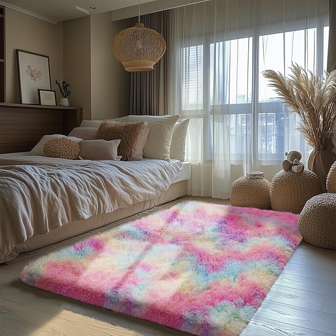Zentavio Unicorn Rugs for Girls Room 4x6 Area Rugs for Living Room Carpet for Bedroom Washable Soft Fluffy Shag Aesthetic Plush High Pile Throw Rug for Nursery Kids Room Dorm Room Rainbow