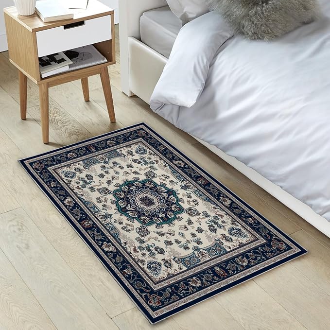 2x3 Boho Rug for Entryway Boho Area Rugs Machine Washable Retro Navy Blue Rug Non Slip Printed Low-Pile Indoor Door Mat Floor Carpet for Kitchen Bathroom Laundry