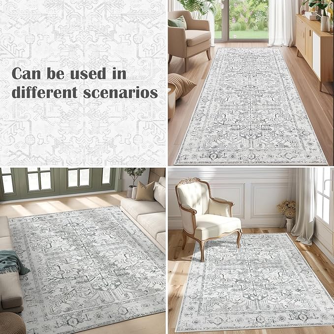 jinchan Kitchen Runner Rug 2x8 - Vintage Floral Machine Washable Non-Slip Hallway Runner Rug with Rubber Backing Ultra-Thin Carpet for Bedroom Laundry Room Farmhouse (2x8ft,Grey)