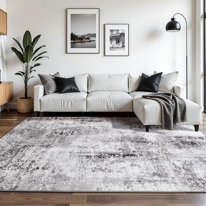 Washable Abstract Rug, 6x9 Modern Area Rugs with Non-Slip Rubber Backed for Living Room, Thin but Soft Contemporary Carpet Kitchen Bedroom Dining Room Decor, Dark Grey