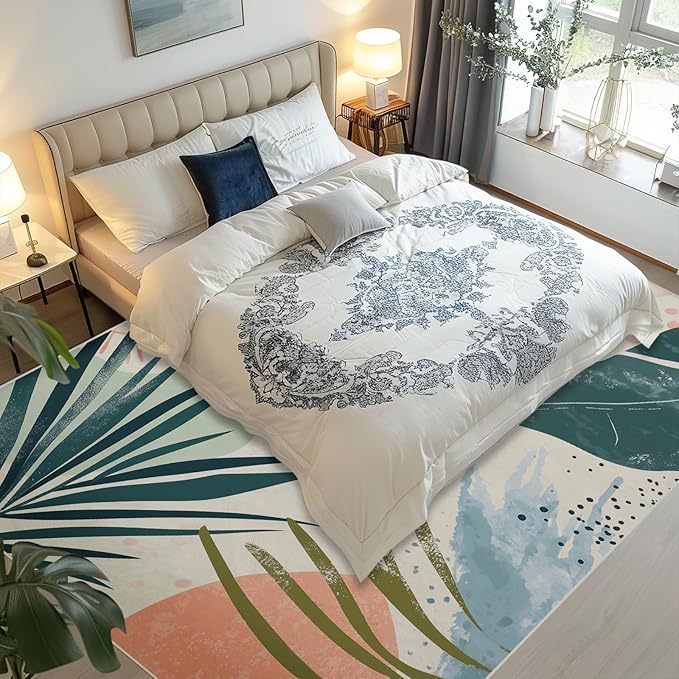 5x7 Area Rugs for Living Room Machine Washable Boho Botanical Rug Non Slip Printed Abstract Plant Rug Carpet Friendly Modern Rug for Bathroom Bedroom Dining Room Office