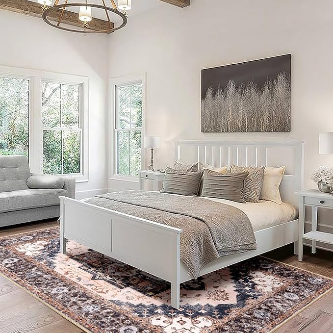 Washable 6x9 Area Rugs, Rugs for Living Room, Low-Pile Water&Stain Resistant Carpet Vintage Distressed Printed Non-Slip Carpet for Bedroom Bathroom Kitchen-Pink/Brown/Navy Blue/Black