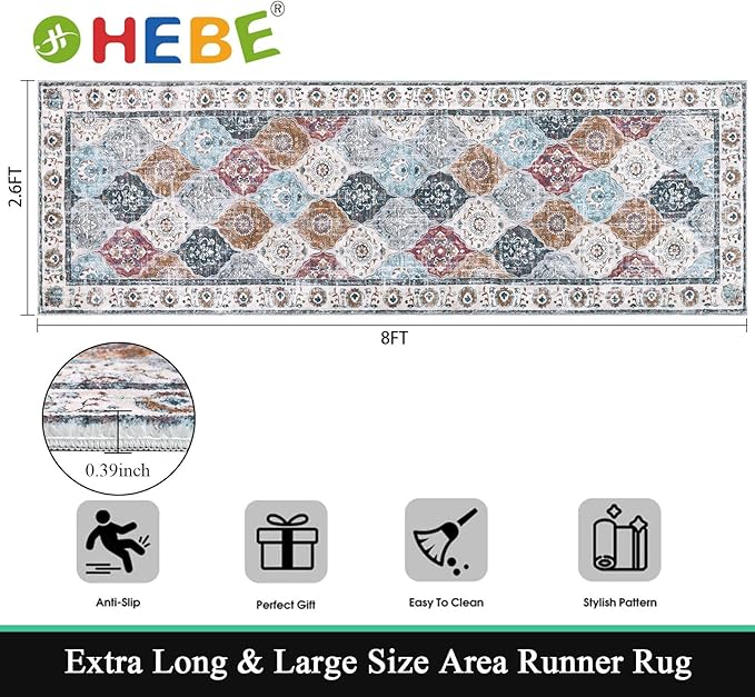 HEBE Hallway Runner Rug 2'8"x8' Washable Vintage Distressed Area Rugs Non Slip Laundry Rug Runner Boho Floor Carpet Runners for Hallways Entryway Laundry Room Kitchen Bathroom