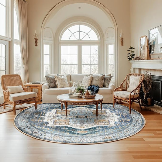 Washable 8ft Area Rugs, Rugs for Living Room, Low-Pile Water&Stain Resistant Carpet Vintage Distressed Printed Non-Slip Carpet for Bedroom Bathroom Kitchen-Sky Blue