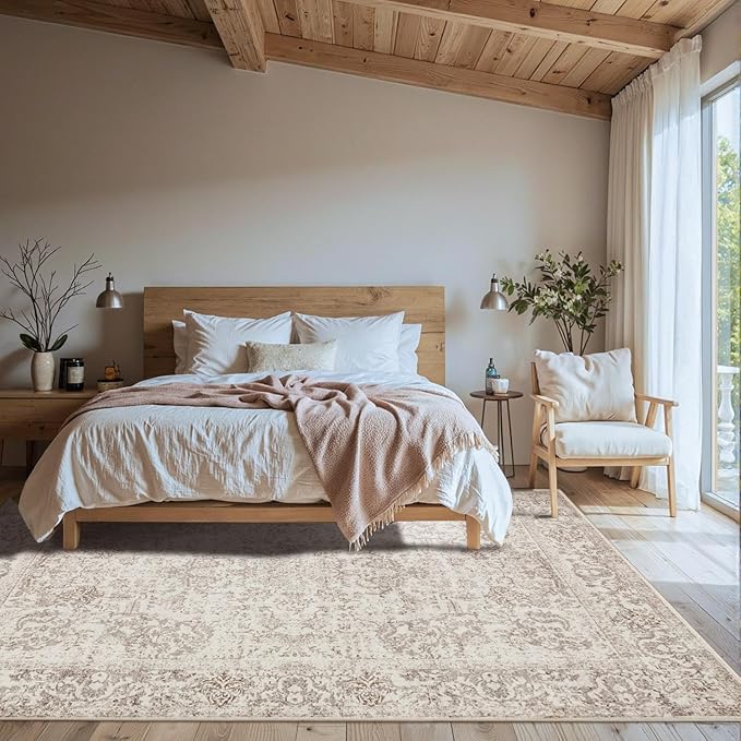 5X7 Washable Area Rug for Living Room, Vintage Neutral Large Boho Rugs for Office, Dining Room, Kids Room, Farmhouse, Durable Low Pile Non Slip Carpet for High Traffic Areas, Light Bown