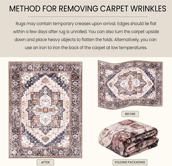 Washable 2x3 Area Rugs, Rugs for Living Room, Low-Pile Water&Stain Resistant Carpet Vintage Distressed Printed Non-Slip Carpet for Bedroom Bathroom Kitchen-Pink/Brown/Navy Blue/Black