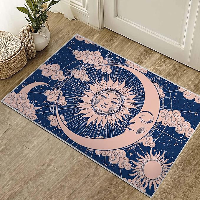 2x3 Entryway Rug Hippie Tarot Celestial Sun and Moon Navy Blue Area Rug Ultra-Thin Soft Small Carpet Bathroom Non Slip Indoor Entrance Low Pile Door Mat Kitchen Stain Resistant Washable Machine