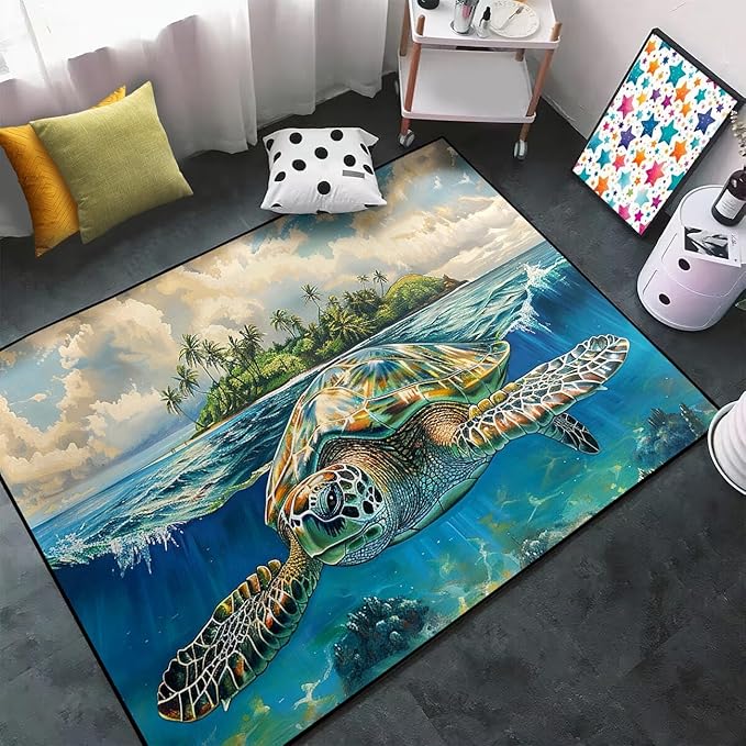 Sea Turtle Coastal Rug - Kids Sea Turtle Rugs for Bedroom Island Ocean Life Theme Carpet for Living Room Classroom, 70" L x 55" W