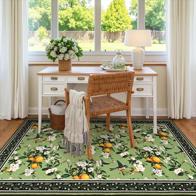 ASPMIZ Sage Green Area Rug, Vintage Floral 3x5 Rug Washable Non Slip, Lemon Hummingbird Rugs for Living Room, Foldable Low Pile Soft Throw Rug Carpet for Bedroom Kitchen Dining Room Nursery Office