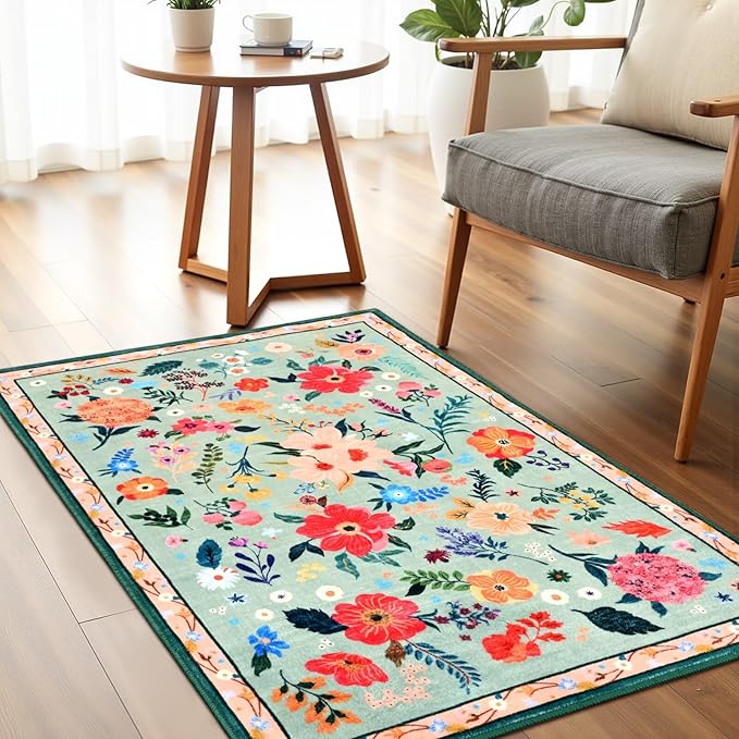 2x3 Small Floral Rug for Entryway, Flowers Printed Washable Rugs with Non Slip Backing for Girls Bedroom Kitchen, Cute Throw Carpet Front Door Entry Decor, Light Green