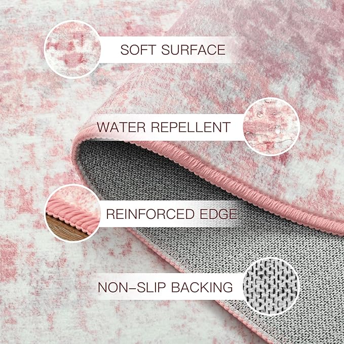3x5 Pink Washable Area Rug for Living Room Bedroom, Modern Abstract Non-Slip Rugs, Low Pile Soft Stain Resistant Carpet for Dining Room, Kitchen, Office, Dorm, Bedside Decor
