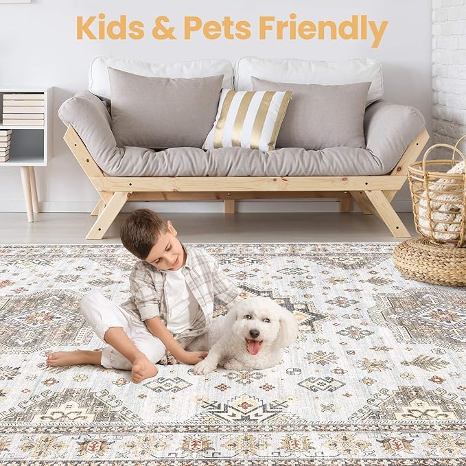 Washable Area Rugs for Living Room -10x14 Neutral Vintage Distressed Floral Farmhouse Boho Large Soft Floor Rug Indoor Non Slip Carpet for Living Room Bedroom Dining Room Office-Blue Brown