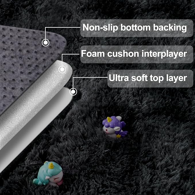 2x3 Rug for Bedroom, Fluffy Area Rugs for Living Room, Small Soft Shag Fuzzy Shaggy Carpets for Kids Boys and Girls Dorm with 4 Non-Slip Rug Tapes (2ft x 3ft, Tie-Dyed Black Grey)