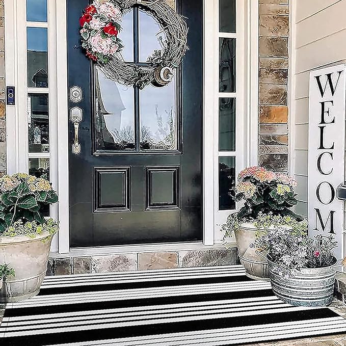 BUAGETUP Black and White Outdoor Rug 3'x 5' Hand-Woven Cotton Washable Rug Striped Front Porch Rug Machine Washable Indoor/Outdoor Area Rug Floor Mat for Farmhouse/Layered Door Mats/Living Room