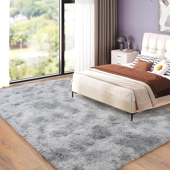 Large Area Rugs 9x12 Living Room, Tie-Dyed Plush Thick Carpets for Boy and Girls Room, Modern Soft Shag Rug for Bedroom, Non Slip, Indoor Carpet for Nursery Dorms Home Decor Aesthetic, Grey