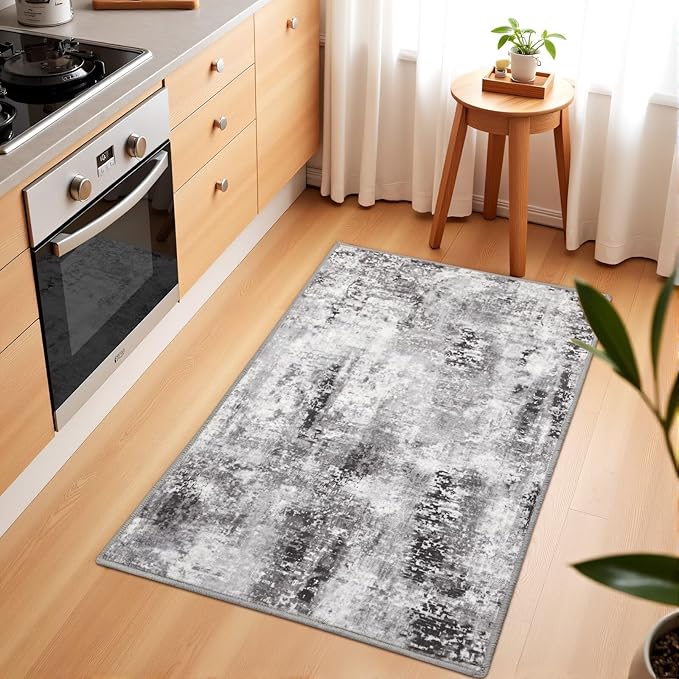Washable Abstract Rug, 2x3 Small Modern Area Rugs with Non-Slip Rubber Backed for Kitchen, Thin but Soft Throw Carpet Bedroom Entryway Front Door Decor, Dark Grey