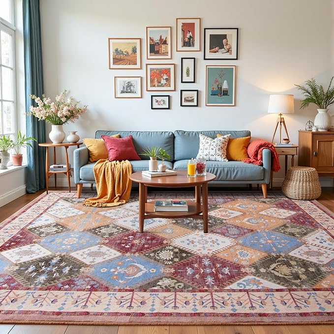 6x9 Washable Area Rug for Living Room, Brown Boho Non-Slip Bedroom Rugs, Moroccan Floral Trellis Carpet Soft Low Pile Vintage Indoor Mat for Kitchen Laundry Room