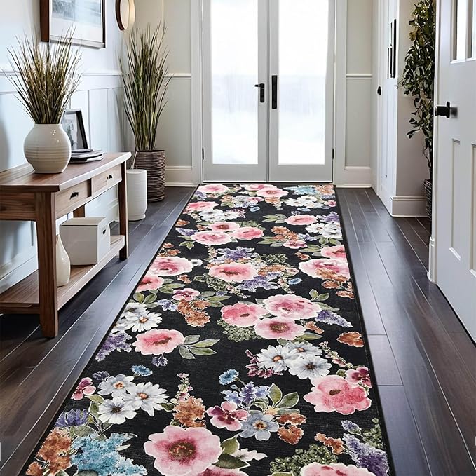 2x6 Runner Rug for Hallways Kitchen Machine Washable Boho Floral Rug Runner Non-Slip Soft Low Pile Long Floor Carpet Runner for Laundry, Bedroom, Entryway (Black)
