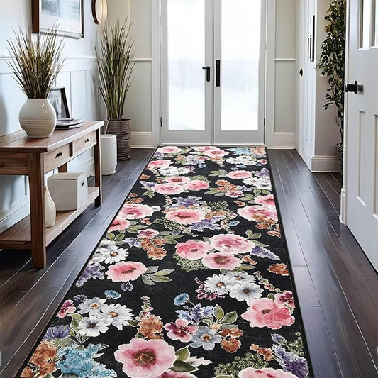 2x6 Runner Rug for Hallways Kitchen Machine Washable Boho Floral Rug Runner Non-Slip Soft Low Pile Long Floor Carpet Runner for Laundry, Bedroom, Entryway (Black)