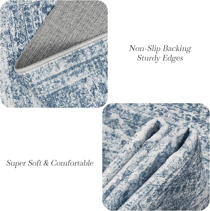 Washable Area Rug 8x10, Large Soft Rugs for Living Room Vintage Blue Rug 8x10 Area Rugs for Bedroom Dining Room Non-Slip Stain Resistant Under Table Rug
