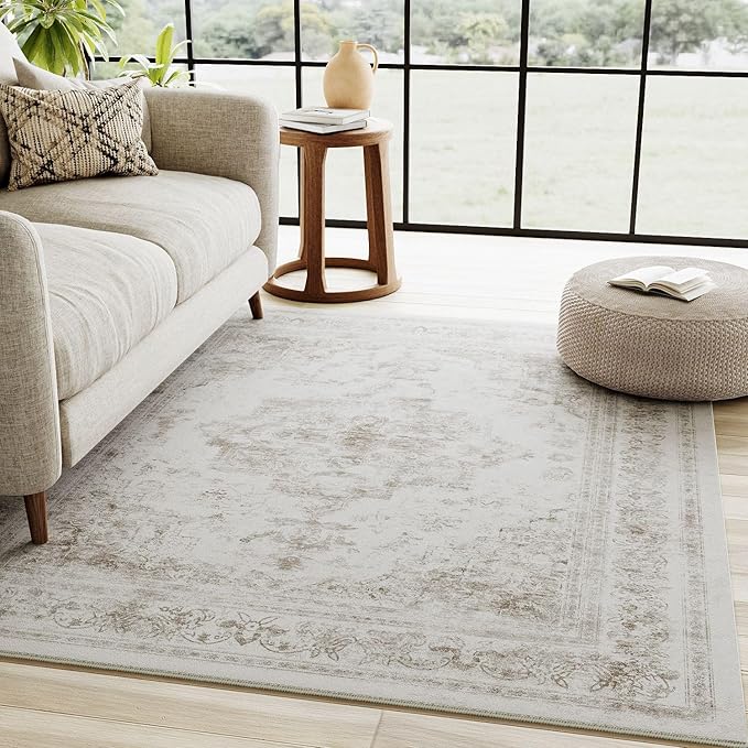 Area Rug 4x6 Washable Light Gray Rug Vintage Boho Medallion Entryway Door Mat Grey Distressed Retro Carpet Non Slip Low Pile Small Soft for Office Kitchen Bedroom Laundry Bathroom Hallway