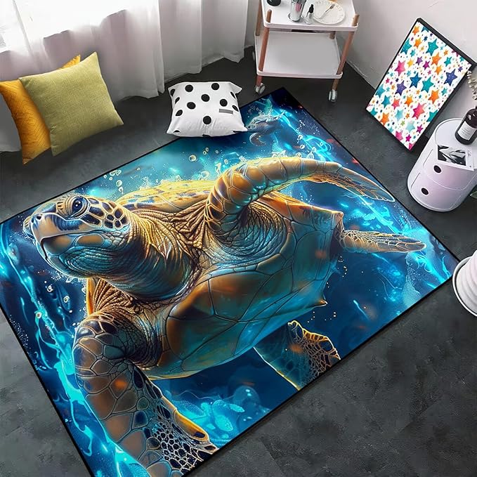 Sea Turtles Rug - Sea Turtle for Kids Boys Coastal Rugs for Bedroom Deep Ocean Life Theme Decor Ocean Carpet Rug, 63" L x 47" W