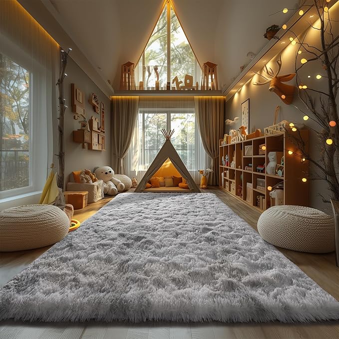 Zentavio Grey and White Area Rugs for Living Room Large Men Room Carpet 8x10 Bedroom Fluffy Furry Shag Aesthetic Plush High Pile Floor Rug for Kids Room Dorm Home Decor Tie-Dyed