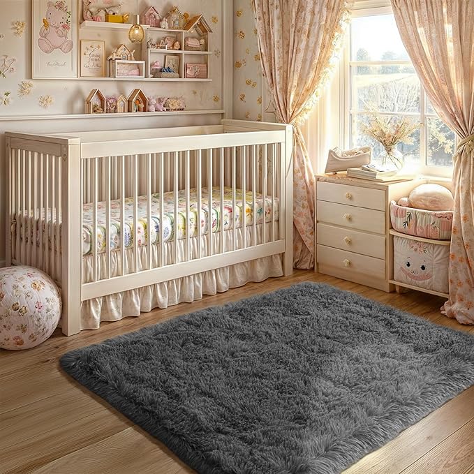 Grey Rug for Bedroom, 2x3 Fluffy Area Rugs for Kids Playroom, Furry Carpet for Nursery Room, Shaggy Rug for Teen Living Room, Thick Fuzzy Plush Rug for Dorm, Cute Room Decor for Baby