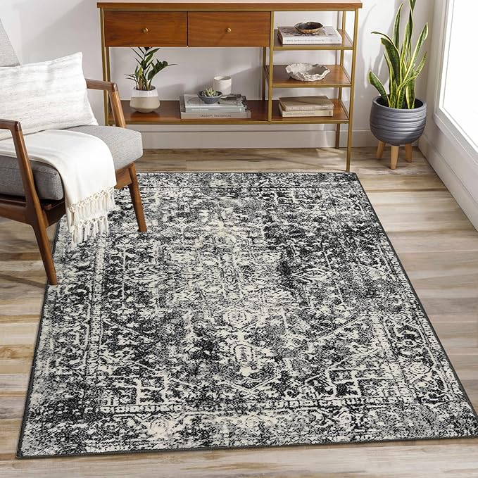 Morebes Vintage 3x5 Rug for Living Room, Washable Black Entryway Rug Non Slip Soft Bedroom Rugs, Medallion Low Pile Soft Indoor Carpet for Bathroom Kitchen Laundry (3'x5',Black/White)