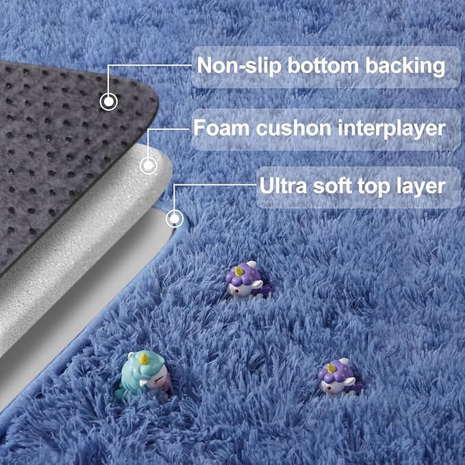 3x5 Area Rug for Bedroom, Fluffy Soft Blue Shag Rugs for Living Room, Small Fuzzy Plush Shaggy Carpets for Boys and Girls Dorm Room Home Decor (3ft x 5ft, Blue)