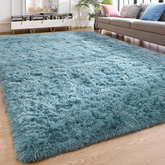 YJ.GWL Area Rugs for Living Room Bedroom, 3x5 Machine Washable Small Teal Bedside Rug, Soft Fluffy Shaggy Thick Shag Indoor Floor Carpet for Kids Boy and Girls Room Preppy Dorm Home Decor Aesthetic