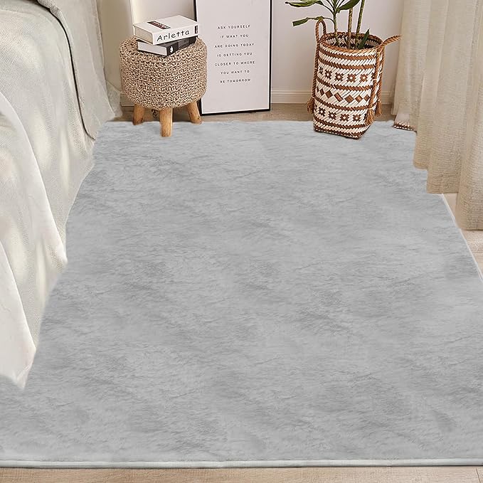 Ultra Soft Area Rug 3x5 Feet, Cosy Fuzzy Faux Fur Area Rug,Indoor Modern Plush Washable Shaggy Rugs for Bedroom Living Room Home Decor, Fluffy Carpet for Kids Room,Nursery,Dorm (Light Grey)