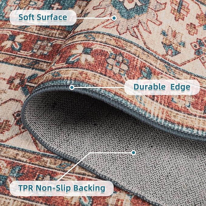 Dripex 8x10 Area Rugs, Machine Washable Non Slip Distressed Boho Rugs,Large Area Rug for Bedroom Aesthetic, No Pile Lightweight Vintage Rug, Carpet for Living Room Dining Room Apartment,Blue and Red