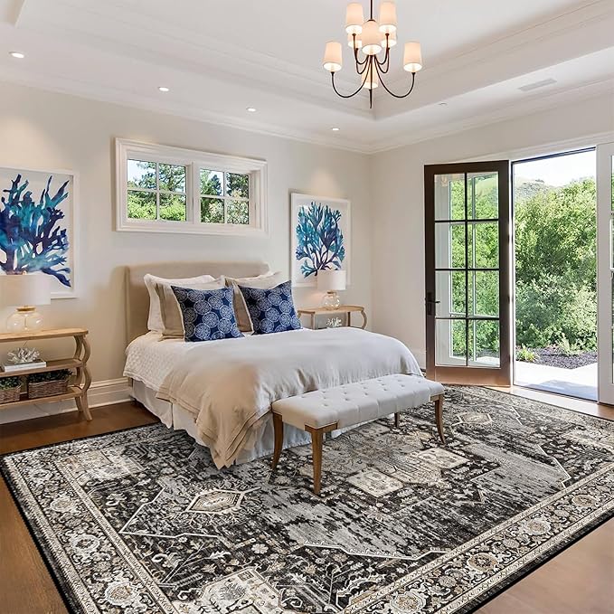 RUUGME Washable 9x12 Area Rugs - Large Rugs for Living Room Stain Resistant Carpet Vintage Rugs for Bedroom with Non Slip Backing Home Decor Floor Decoration Mat (9x12 Black)