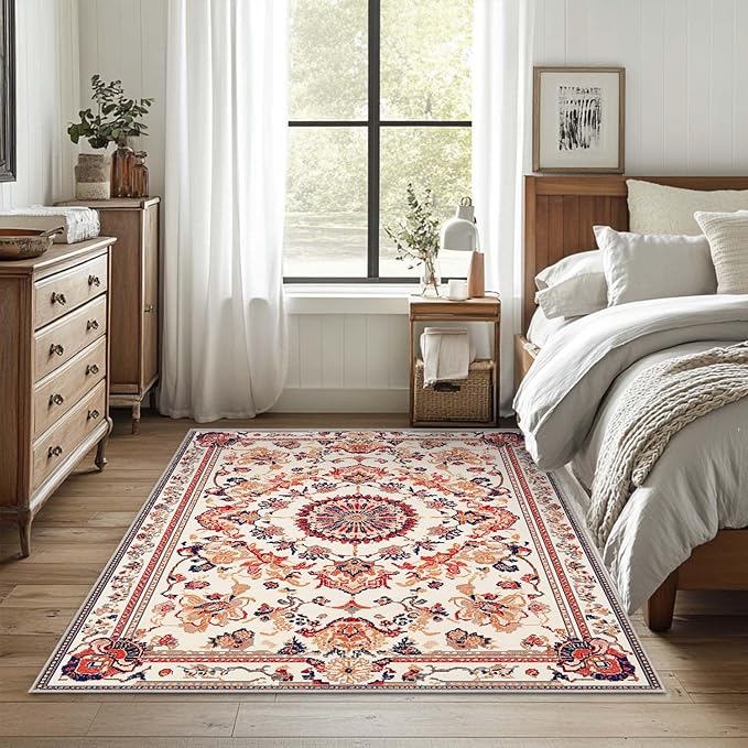 4x6 Area Rug Machine Washable Rugs Boho Orange Rug Non-Slip Low Pile Large Carpet for Home Kitchen Living Room Bedroom Dining Room Office