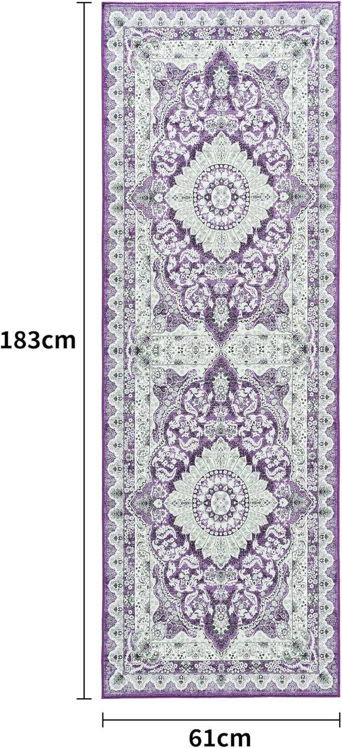 Foxmas Hallway Runner Rug, 2x6 Vintage Kitchen Runner Area Rugs Non Skid Washable, Low Pile Throw Rugs with Rubber Backing Carpet for Laundry Room Entryway Bedroom Home Decor, Purple