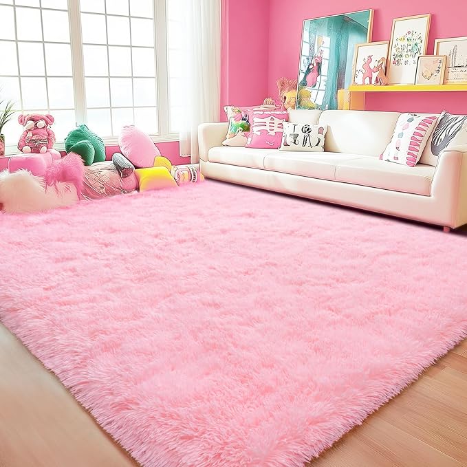 Pink Rugs for Bedroom Girls, 8x10 Large Area Rugs Anti-Skid Fluffy Floor Carpets, Ultra Soft Modern Indoor Shag Rug for Living Room Kids Room Nursery Dorm Home Decor