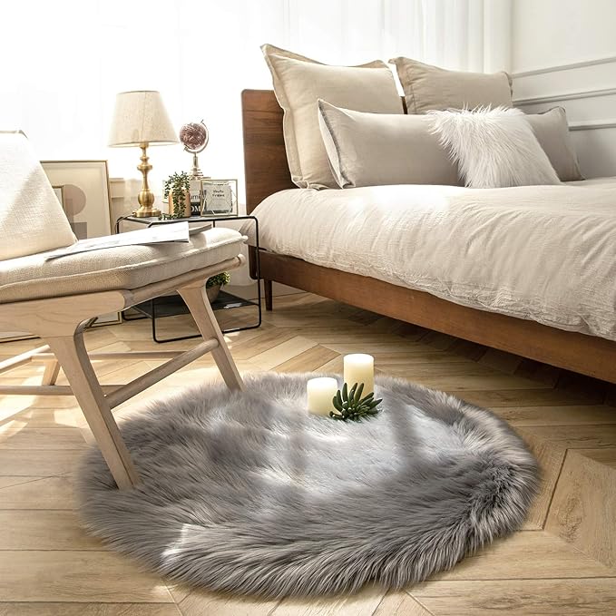 Ashler Faux Fur Rug, Fluffy Shaggy Area Rug Ultra Soft 3 x 3 Feet Round Fur Rug, Grey Fuzzy Rug Machine Washable Shag Rug, Nursery Decor Throw Rugs for Bedroom, Kids Room, Living Room