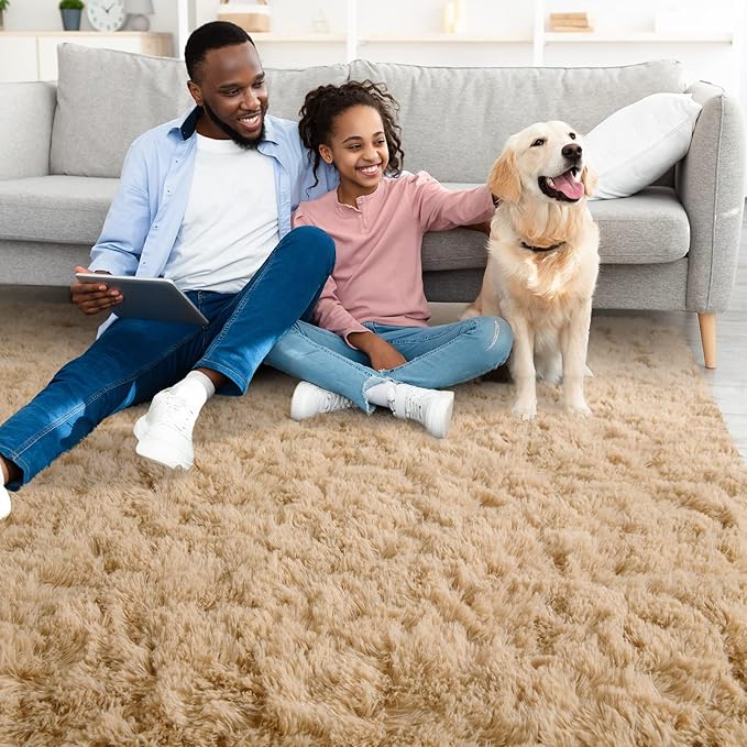 YJ.GWL Area Rugs for Living Room Bedroom, 6x9 Machine Washable Large Beige Carpet, Soft Fluffy Shaggy Thick Big Shag Indoor Floor Rug for Kids Boy and Girls Room Dorm Home Decor Aesthetic