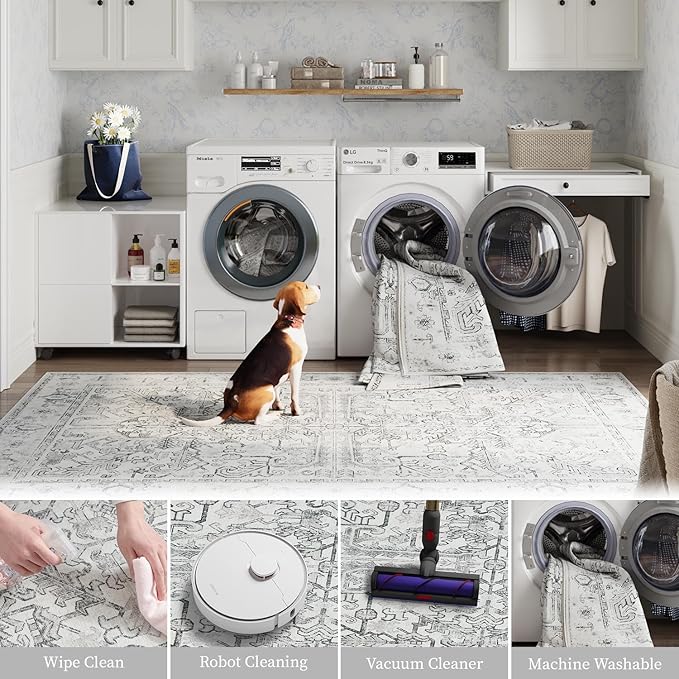 jinchan Kitchen Runner Rug 2x8 - Vintage Floral Machine Washable Non-Slip Hallway Runner Rug with Rubber Backing Ultra-Thin Carpet for Bedroom Laundry Room Farmhouse (2x8ft,Grey)
