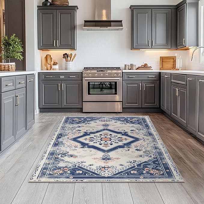 4x6 Rug Vintage Oriental Navy Blue Boho Beige Area Rug Bedroom Thin Low Pile Large Carpet Living Room Non Slip Dining Room Office Stain Resistant Washable Machine