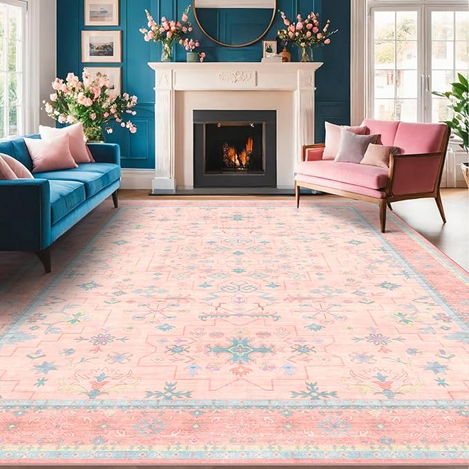 Washable Pink and Blue 8x10 Oushak Rugs for Bedroom Girls Dorm Living Room, Modern Floral Aethestic Distressed Design, Soft Faux Wool Low Pile Non Slip Stain Resistance Carpet