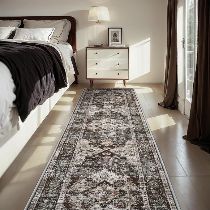 AMOAMI-2X10 Runner Rug-Washable Runners for Hallways-Soft Non Slip Bedside Rugs for Bedroom-Vintage Long Rug for Hallways Entryway Laundry Room Stair Kitchen Bathroom Brick/Brown