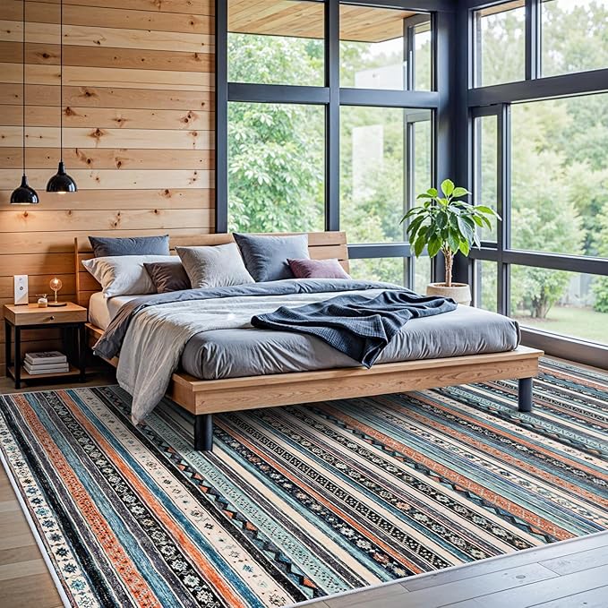 10x14 Rug for Living Room Washable, Large Striped Farmhouse Area Rugs for Bedroom Soft Ultra Thin Indoor Carpet Non Slip Stain Resistant Dining Room Rug Waterproof Southwest Style, 10x14 Blue/Multi