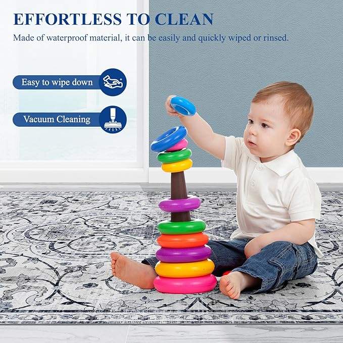 SALLOUS Runner Rug for Hallway, 3' X 6' Vinyl Floor Mat for Home, Waterproof Area Rug for Living Room, Non-Slip Floor Protector Mat for Kitchen, Bathroom, Entryway (Grayish Blue)