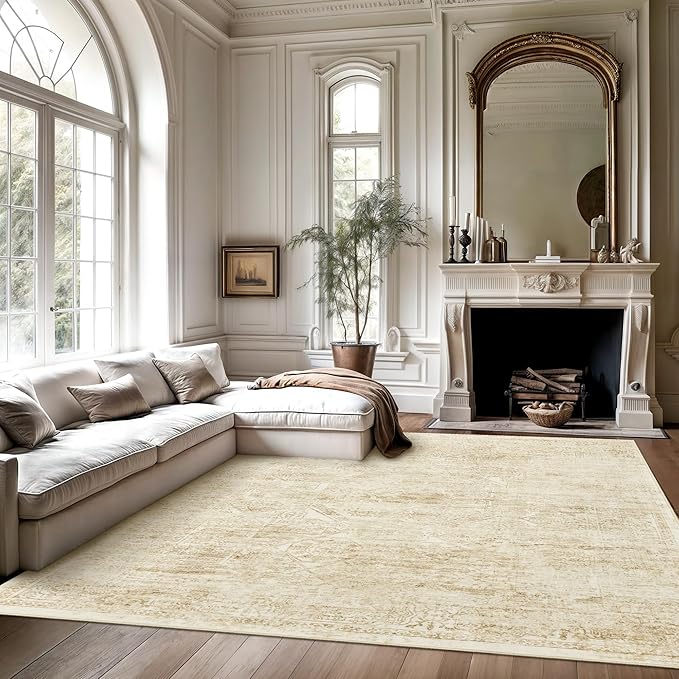 Washable Area Rug 8x10, Large Soft Rugs for Living Room Vintage Beige Rug 8x10 Area Rugs for Bedroom Dining Room Floral Non-Slip Thin Rug