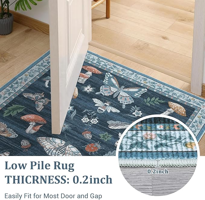 2.5x10 Runner Rug for Hallway Washable Kitchen Rugs Non Slip with Rubber Back Mushroom Soft Low-Pile Stain Resistant Foldable Indoor Carpet for Entryway Laundry Room Floor Mats Blue