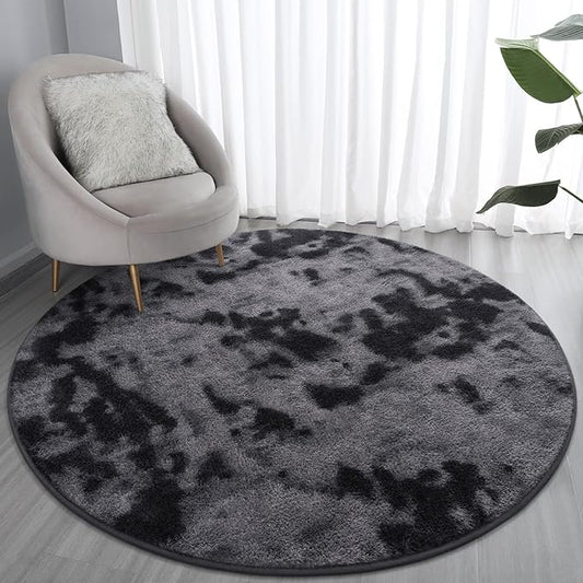 Lascpt Round Rug for Bedroom 6x6, Tie-Dyed Deep Grey Circle Rug for Living Room Super Soft Thicken Memory Foam Circular Rug, Indoor Area Rug for Modern Home Decor, Round Carpet for Nursery Kid's Room